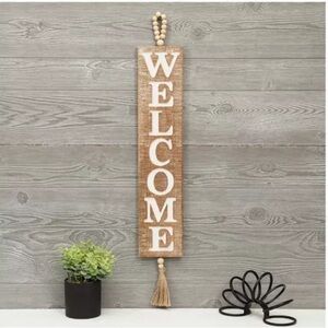 NWT- 33” Vertical Wooden White Wash- Welcome Sign w/ Beaded Hanger & Tassel